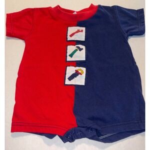 Wee Works Baby Romper Construction Tools Red Blue Short Sleeve 12 Months VTG